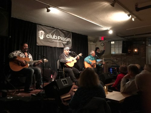 Kawika Kahiapo, Nathan Aweau, George Kahumoku Jr. (l to r) with an audience member providing interpretive dance